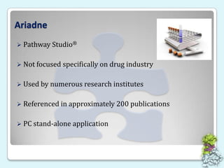 AriadnePathway Studio®Not focused specifically on drug industryUsed by numerous research institutesReferenced in approximately 200 publicationsPC stand-alone application