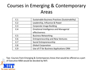 Courses in Emerging & Contemporary
Areas
E.1 Sustainable Business Practices (Sustainability)
E.2 Leadership, Influence & Power
E.3 Corporate Image Building
E.4 Emotional Intelligence and Managerial
effectiveness
E.5 Business Networking
E.6 Entrepreneurship and New Ventures
E.7 Social Entrepreneurship
E.8 Global Corporation
E.9 Use of IT for Business Applications CRM
Two Courses from Emerging & Contemporary Areas that would be offered as a part
of Executive MBA would be decided by NIIT.
 