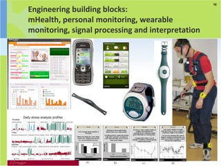 10

Engineering building blocks:
mHealth, personal monitoring, wearable
monitoring, signal processing and interpretation
 