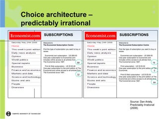 1

Choice architecture –                                                                                   9


predictably irrational
       SUBSCRIPTIONS                                      SUBSCRIPTIONS

      Welcome to                                          Welcome to
      The Economist Subscription Centre                   The Economist Subscription Centre

      Pick the type of subscription you want to buy or    Pick the type of subscription you want to buy or
      renew.                                              renew.

        Economist.com subscription - US $59.00              Economist.com subscription - US $59.00
      One-year subscription to Economist.com.             One-year subscription to Economist.com.
      Includes online access to all articles from         Includes online access to all articles from
      The Economist since 1997.                           The Economist since 1997.
                                                    68                                                  16
        Print & Web subscription - US $125.00              Print subscription - US $125.00
      One-year subscription to the print edition of The   One-year subscription to the print edition of The
      Economist and online access to all articles from    Economist.                                    0
      The Economist since 1997.
                                                    32      Print & Web subscription - US $125.00
                                                          One-year subscription to the print edition of The
                                                          Economist and online access to all articles from
                                                          The Economist since 1997.
                                                                                                        84




                                                                        Source: Dan Ariely,
                                                                        Predictably Irrational
                                                                        (2008)
 