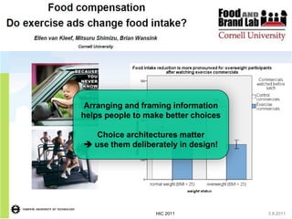 2
                                                         0




              Setup:
              • Normal weight and overweight consumers
              • Ads shown before lunch
 Arranging and framing insurance adds (control)
                  • Car information
helps people to make better adds
                  • Exercise choices
              • Eaten calories measured
   Choice architectures matter
            • Consumers unaware of
 use them deliberately in design! actual purpose of
                 the study (“ad rating study”)




                    HIC 2011                      3.8.2011
 