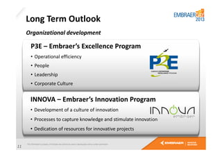 Long Term Outlook
Organizational development

P3E – Embraer’s Excellence Program
• Operational efficiency
• People
• Leadership
• Corporate Culture

INNOVA – Embraer’s Innovation Program
• Development of a culture of innovation
• Processes to capture knowledge and stimulate innovation
• Dedication of resources for innovative projects
11

 