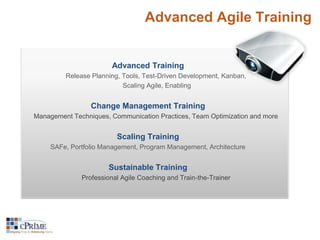 Advanced Agile Training 
Advanced Training 
Release Planning, Tools, Test-Driven Development, Kanban, 
Scaling Agile, Enabling 
Change Management Training 
Management Techniques, Communication Practices, Team Optimization and more 
Scaling Training 
SAFe, Portfolio Management, Program Management, Architecture 
Sustainable Training 
Professional Agile Coaching and Train-the-Trainer 
 