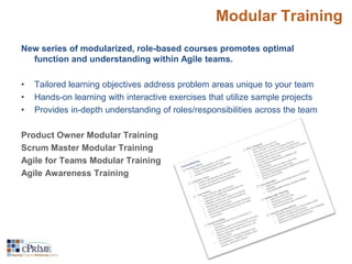 Modular Training 
New series of modularized, role-based courses promotes optimal 
function and understanding within Agile teams. 
• Tailored learning objectives address problem areas unique to your team 
• Hands-on learning with interactive exercises that utilize sample projects 
• Provides in-depth understanding of roles/responsibilities across the team 
Product Owner Modular Training 
Scrum Master Modular Training 
Agile for Teams Modular Training 
Agile Awareness Training 
 