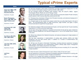Typical cPrime Experts 
Name Biography 
Zubin Irani, MBA, CSM 
CSPO, ITIL, PMP 
Executive Director 
Experience: 16 years 
 Mr. Irani has managed a wide variety of application and Agile engagement ranging from 5 to 400 
team members and budgets ranging in size from $100K to $80 million. 
 He has managed projects for Deloitte, AT&T Wireless, VISA, HP, DirecTV, AMEX, Agilent 
Technologies, Disney, Pacific Life, and JP Morgan Chase. 
 He has been leading cPrime for the past 8 years winning 6 consecutive fastest Private Company 
growth awards in San Francisco Bay Area Journal and Inc 500 
Kevin Thompson, 
Ph.D., CSM, PMP, CSP 
Agile Practice Lead 
Experience: 23 years 
 Dr. Thompson has a doctorate in Physics from Princeton University, and extensive background in 
managing software development project. 
 As a thought leader he has created more original content than any other Agile Expert in the last 5 
years. His groundbreaking paper on Agile Governance, Agile Portfolio, and Agile in Hybrid 
environments sets him apart from his peer group. 
Jim Schiel, CST, CSP, 
CSPO,CSM 
Agile FDA Lead 
Experience: 24 years 
 Mr. Schiel has worked in FDA environments for 24 years, and has spent the last 10 years assisting 
organizations in a FDA environment adopt Agile. 
 He has been driving Agile adoptions in regulated environments for the last ten years at Siemens 
Medical, Siemens HealthCare, and Siemens Imaging and is 1 out of 120 Certified Scrum Trainers 
in the world. 
Sue Shreve, MS, SPC, 
CSP, CSM, CSPO 
Experience: 18years 
 Ms. Shreve has a Masters from Stanford University, and extensive background in Agile adoption at 
large Enterprises. 
 She has been specializing in implementation of scaling agile solutions (SAFe) and Agile 
Architecture over the past several years, in addition to a number of transformations and 
organizational coaching 
John Hill, CSM, CSPO, 
CSP, CST 
Experience: 25 years 
 Mr. Hill has over 25 years in Information Technology, including extensive experience managing 
major software development and implementation projects (utilizing Agile project management 
methodologies, most notably using Scrum since 2003). 
 Numerous coaching and transformations executed during his tenure including 30 U.S. teams after 
a large acquisition 
Joel Brass 
CTO 
Experience: 14 years 
 Mr. Brass has been a Senior Development Lead in Silicon Valley for the last 6 years 
 He has experience in Commerce, Enterprise and Mobility Application Development in working with 
companies such as Techwood, Anybots, Fordela and SaveFans! 
 At cPrime, he is charged with heading up Enterprise Application Software Solutions in the Agile 
space revolutionizing how software is being developed 
 