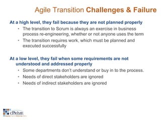 Agile Transition Challenges & Failure 
At a high level, they fail because they are not planned properly 
• The transition to Scrum is always an exercise in business 
process re-engineering, whether or not anyone uses the term 
• The transition requires work, which must be planned and 
executed successfully 
At a low level, they fail when some requirements are not 
understood and addressed properly 
• Some departments don’t understand or buy in to the process. 
• Needs of direct stakeholders are ignored 
• Needs of indirect stakeholders are ignored 
 
