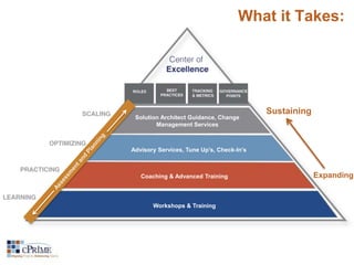 What it Takes: 
Solution Architect Guidance, Change 
Management Services 
Advisory Services, Tune Up’s, Check-In’s 
Coaching & Advanced Training 
Workshops & Training 
Expanding 
Sustaining 
 