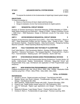 ET 9211                  ADVANCED DIGITAL SYSTEM DESIGN                           LTPC
                                                                                  3 003
AIM
          To expose the students to the fundamentals of digital logic based system design.

OBJECTIVES
To impart knowledge on
    • Basics on Synchronous & Async digital switching design.
    • Design & realisation of error free functional blocks for digital systems

UNIT I           SEQUENTIAL CIRCUIT DESIGN                                              9
Analysis of Clocked Synchronous Sequential Networks (CSSN) Modelling of CSSN –
State Stable Assignment and Reduction – Design of CSSN – Design of Iterative Circuits
– ASM Chart – ASM Realization, Design of Arithmetic circuits for Fast adder- Array
Multiplier.
UNIT II          ASYNCHRONOUS SEQUENTIAL CIRCUIT DESIGN                                 9
Analysis of Asynchronous Sequential Circuit (ASC) – Flow Table Reduction – Races in
ASC – State Assignment Problem and the Transition Table – Design of ASC – Static
and Dynamic Hazards – Essential Hazards – Data Synchronizers – Designing Vending
Machine Controller – Mixed Operating Mode Asynchronous Circuits.

UNIT III         FAULT DIAGNOSIS AND TESTABILITY ALGORITHMS                             9
Fault Table Method – Path Sensitization Method – Boolean Difference Method – Kohavi
Algorithm – Tolerance Techniques – The Compact Algorithm – Practical PLA’s – Fault in
PLA – Test Generation – Masking Cycle – DFT Schemes – Built-in Self Test.

UNIT IV         SYNCHRONOUS DESIGN USING PROGRAMMABLE DEVICES                           9
Programming Techniques -Re-Programmable Devices Architecture- Function blocks, I/O
blocks, Interconnects, Realize combinational, Arithmetic, Sequential Circuit with
Programmable Array Logic; Architecture and application of Field Programmable Logic
Sequence.

UNIT V       NEW GENERATION PROGRAMMABLE LOGIC DEVICES                        9
Foldback Architecture with GAL, EPLD, EPLA , PEEL, PML; PROM – Realization State
machine using PLD – FPGA – Xilinx FPGA – Xilinx 2000 - Xilinx 3000

                                                              TOTAL: 45 PERIODS
REFERENCES
1. Donald G. Givone, “Digital principles and Design”, Tata McGraw Hill 2002.
2. Stephen Brown and Zvonk Vranesic, “Fundamentals of Digital Logic with VHDL
   Deisgn”, Tata McGraw Hill, 2002
3. Mark Zwolinski, “Digital System Design with VHDL”, Pearson Education, 2004
4. Parag K Lala, “Digital System design using PLD”, BS Publications, 2003
5. John M Yarbrough, “Digital Logic applications and Design”, Thomson Learning,
   2001
6. Nripendra N Biswas, “Logic Design Theory”, Prentice Hall of India, 2001
7. Charles H. Roth Jr., “Fundamentals of Logic design”, Thomson Learning, 2004.




                                             3
 