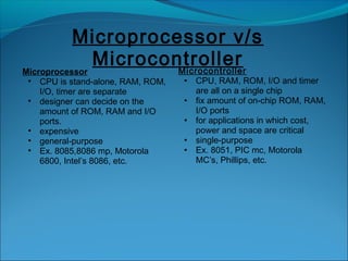Microprocessor v/s
Microprocessor
               Microcontroller
                       Microcontroller
• CPU is stand-alone, RAM, ROM,   • CPU, RAM, ROM, I/O and timer
  I/O, timer are separate           are all on a single chip
• designer can decide on the      • fix amount of on-chip ROM, RAM,
  amount of ROM, RAM and I/O        I/O ports
  ports.                          • for applications in which cost,
• expensive                         power and space are critical
• general-purpose                 • single-purpose
• Ex. 8085,8086 mp, Motorola      • Ex. 8051, PIC mc, Motorola
  6800, Intel’s 8086, etc.          MC’s, Phillips, etc.
 