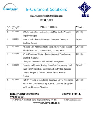 E-Cruitment Solutions
FINAL YEAR IEEE PROJECTS TITLES 2014-2015
EMBEDDED
ECRUITMENT SOLUTIONS (0)9751442511,
9750610101
#1, Ist
Cross, Ist
Main Road, Elango Nagar,Pondicherry-605 011. tech@ecruitments.com
www.ecruitments.com
S.N
o
PROJECT
CODE
PROJECT TITLES YEAR
1 ECSEM1 BOLT: Voice Recognition Robotic Dog Guides Visually
Impaired People
2014-15
2 ECSEM Micro-Bank: Handheld Secured Electronic Doorstep
Banking System
2014-15
3 ECSEM Android Car: Automatic Park and Retrieve Assist System
with Remote Start, Remote Drive, Remote Alert
2014-15
4 ECSEM Wrist-Computer: Gesture Recognition and Touchscreen
Enabled Wearable
Computer Connected with Android Smartphone
2014-15
5 ECSEM NanoSat: A Remote Sensing Nano-Satellite running Hard
Real Time Control and Communication System Sending
Camera Images to Ground Control Nano Satellite
Station
2014-15
6 ECSEM Safe-by-Vision: Vision based Advanced Driver Assistance
and Safety System involving Forward Collision Mitigation
and Lane Departure Warning
2014-15
 