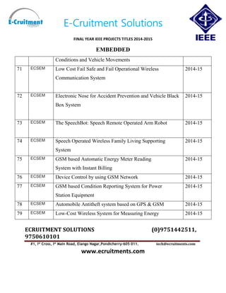 E-Cruitment Solutions
FINAL YEAR IEEE PROJECTS TITLES 2014-2015
EMBEDDED
ECRUITMENT SOLUTIONS (0)9751442511,
9750610101
#1, Ist
Cross, Ist
Main Road, Elango Nagar,Pondicherry-605 011. tech@ecruitments.com
www.ecruitments.com
Conditions and Vehicle Movements
71 ECSEM Low Cost Fail Safe and Fail Operational Wireless
Communication System
2014-15
72 ECSEM Electronic Nose for Accident Prevention and Vehicle Black
Box System
2014-15
73 ECSEM The SpeechBot: Speech Remote Operated Arm Robot 2014-15
74 ECSEM Speech Operated Wireless Family Living Supporting
System
2014-15
75 ECSEM GSM based Automatic Energy Meter Reading
System with Instant Billing
2014-15
76 ECSEM Device Control by using GSM Network 2014-15
77 ECSEM GSM based Condition Reporting System for Power
Station Equipment
2014-15
78 ECSEM Automobile Antitheft system based on GPS & GSM 2014-15
79 ECSEM Low-Cost Wireless System for Measuring Energy 2014-15
 