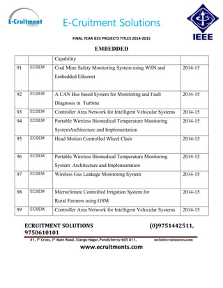 E-Cruitment Solutions
FINAL YEAR IEEE PROJECTS TITLES 2014-2015
EMBEDDED
ECRUITMENT SOLUTIONS (0)9751442511,
9750610101
#1, Ist
Cross, Ist
Main Road, Elango Nagar,Pondicherry-605 011. tech@ecruitments.com
www.ecruitments.com
Capability
91 ECSEM Coal Mine Safety Monitoring System using WSN and
Embedded Ethernet
2014-15
92 ECSEM A CAN Bus based System for Monitoring and Fault
Diagnosis in Turbine
2014-15
93 ECSEM Controller Area Network for Intelligent Vehicular Systems 2014-15
94 ECSEM Portable Wireless Biomedical Temperature Monitoring
SystemArchitecture and Implementation
2014-15
95 ECSEM Head Motion Controlled Wheel Chair 2014-15
96 ECSEM Portable Wireless Biomedical Temperature Monitoring
System Architecture and Implementation
2014-15
97 ECSEM Wireless Gas Leakage Monitoring System 2014-15
98 ECSEM Microclimate Controlled Irrigation System for
Rural Farmers using GSM
2014-15
99 ECSEM Controller Area Network for Intelligent Vehicular Systems 2014-15
 
