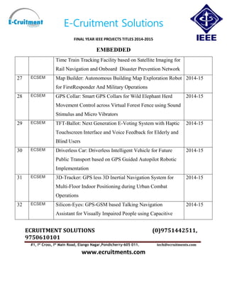 E-Cruitment Solutions
FINAL YEAR IEEE PROJECTS TITLES 2014-2015
EMBEDDED
ECRUITMENT SOLUTIONS (0)9751442511,
9750610101
#1, Ist
Cross, Ist
Main Road, Elango Nagar,Pondicherry-605 011. tech@ecruitments.com
www.ecruitments.com
Time Train Tracking Facility based on Satellite Imaging for
Rail Navigation and Onboard Disaster Prevention Network
27 ECSEM Map Builder: Autonomous Building Map Exploration Robot
for FirstResponder And Military Operations
2014-15
28 ECSEM GPS Collar: Smart GPS Collars for Wild Elephant Herd
Movement Control across Virtual Forest Fence using Sound
Stimulus and Micro Vibrators
2014-15
29 ECSEM TFT-Ballot: Next Generation E-Voting System with Haptic
Touchscreen Interface and Voice Feedback for Elderly and
Blind Users
2014-15
30 ECSEM Driverless Car: Driverless Intelligent Vehicle for Future
Public Transport based on GPS Guided Autopilot Robotic
Implementation
2014-15
31 ECSEM 3D-Tracker: GPS less 3D Inertial Navigation System for
Multi-Floor Indoor Positioning during Urban Combat
Operations
2014-15
32 ECSEM Silicon-Eyes: GPS-GSM based Talking Navigation
Assistant for Visually Impaired People using Capacitive
2014-15
 