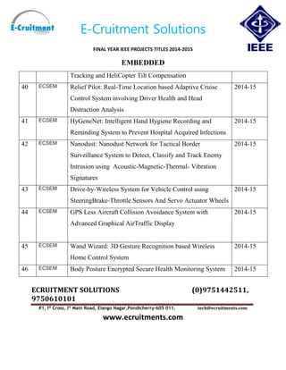E-Cruitment Solutions
FINAL YEAR IEEE PROJECTS TITLES 2014-2015
EMBEDDED
ECRUITMENT SOLUTIONS (0)9751442511,
9750610101
#1, Ist
Cross, Ist
Main Road, Elango Nagar,Pondicherry-605 011. tech@ecruitments.com
www.ecruitments.com
Tracking and HeliCopter Tilt Compensation
40 ECSEM Relief Pilot: Real-Time Location based Adaptive Cruise
Control System involving Driver Health and Head
Distraction Analysis
2014-15
41 ECSEM HyGeneNet: Intelligent Hand Hygiene Recording and
Reminding System to Prevent Hospital Acquired Infections
2014-15
42 ECSEM Nanodust: Nanodust Network for Tactical Border
Surveillance System to Detect, Classify and Track Enemy
Intrusion using Acoustic-Magnetic-Thermal- Vibration
Signatures
2014-15
43 ECSEM Drive-by-Wireless System for Vehicle Control using
SteeringBrake-Throttle Sensors And Servo Actuator Wheels
2014-15
44 ECSEM GPS Less Aircraft Collision Avoidance System with
Advanced Graphical AirTraffic Display
2014-15
45 ECSEM Wand Wizard: 3D Gesture Recognition based Wireless
Home Control System
2014-15
46 ECSEM Body Posture Encrypted Secure Health Monitoring System 2014-15
 