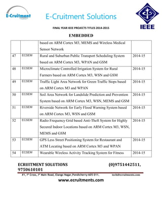 E-Cruitment Solutions
FINAL YEAR IEEE PROJECTS TITLES 2014-2015
EMBEDDED
ECRUITMENT SOLUTIONS (0)9751442511,
9750610101
#1, Ist
Cross, Ist
Main Road, Elango Nagar,Pondicherry-605 011. tech@ecruitments.com
www.ecruitments.com
based on ARM Cortex M3, MEMS and Wireless Medical
Sensor Network
47 ECSEM Rural and Suburban Public Transport Scheduling System
based on ARM Cortex M3, WPAN and GSM
2014-15
48 ECSEM Microclimate Controlled Irrigation System for Rural
Farmers based on ARM Cortex M3, WSN and GSM
2014-15
49 ECSEM Traffic Light Area Network for Green Traffic Stops based
on ARM Cortex M3 and WPAN
2014-15
50 ECSEM Soil Area Network for Landslide Prediction and Prevention
System based on ARM Cortex M3, WSN, MEMS and GSM
2014-15
51 ECSEM Riverside Network for Early Flood Warning System based
on ARM Cortex M3, WSN and GSM
2014-15
52 ECSEM Radio Frequency Grid based Anti-Theft System for Highly
Secured Indoor Locations based on ARM Cortex M3, WSN,
MEMS and GSM
2014-15
53 ECSEM GPS Less Street Positioning System for Restaurant and
ATM Locating based on ARM Cortex M3 and WPAN
2014-15
54 ECSEM Wearable Wireless Activity Tracking System for Fitness 2014-15
 