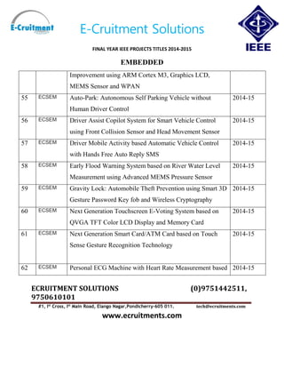 E-Cruitment Solutions
FINAL YEAR IEEE PROJECTS TITLES 2014-2015
EMBEDDED
ECRUITMENT SOLUTIONS (0)9751442511,
9750610101
#1, Ist
Cross, Ist
Main Road, Elango Nagar,Pondicherry-605 011. tech@ecruitments.com
www.ecruitments.com
Improvement using ARM Cortex M3, Graphics LCD,
MEMS Sensor and WPAN
55 ECSEM Auto-Park: Autonomous Self Parking Vehicle without
Human Driver Control
2014-15
56 ECSEM Driver Assist Copilot System for Smart Vehicle Control
using Front Collision Sensor and Head Movement Sensor
2014-15
57 ECSEM Driver Mobile Activity based Automatic Vehicle Control
with Hands Free Auto Reply SMS
2014-15
58 ECSEM Early Flood Warning System based on River Water Level
Measurement using Advanced MEMS Pressure Sensor
2014-15
59 ECSEM Gravity Lock: Automobile Theft Prevention using Smart 3D
Gesture Password Key fob and Wireless Cryptography
2014-15
60 ECSEM Next Generation Touchscreen E-Voting System based on
QVGA TFT Color LCD Display and Memory Card
2014-15
61 ECSEM Next Generation Smart Card/ATM Card based on Touch
Sense Gesture Recognition Technology
2014-15
62 ECSEM Personal ECG Machine with Heart Rate Measurement based 2014-15
 