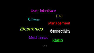 CLI
User Interface
Electronics Connectivity
Mechanics
Management
Software
Radio
...
 