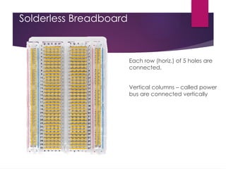 Solderless Breadboard
Each row (horiz.) of 5 holes are
connected.
Vertical columns – called power
bus are connected vertically
 