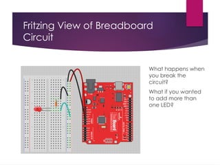 Fritzing View of Breadboard
Circuit
What happens when
you break the
circuit?
What if you wanted
to add more than
one LED?
 