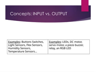 Concepts: INPUT vs. OUTPUT
Examples: Buttons Switches,
Light Sensors, Flex Sensors,
Humidity Sensors,
Temperature Sensors…
Examples: LEDs, DC motor,
servo motor, a piezo buzzer,
relay, an RGB LED
 