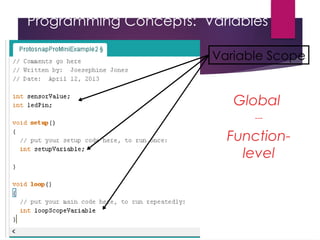 Programming Concepts: Variables
Global
---
Function-
level
Variable Scope
 