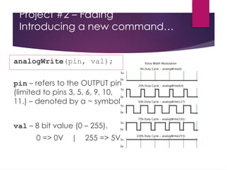 Project #2 – Fading
Introducing a new command…
analogWrite(pin, val);
pin – refers to the OUTPUT pin
(limited to pins 3, 5, 6, 9, 10,
11.) – denoted by a ~ symbol
val – 8 bit value (0 – 255).
0 => 0V | 255 => 5V
 