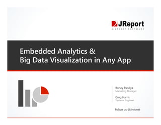 Embedded Analytics &  
Big Data Visualization in Any App
Boney Pandya
Marketing Manager
Greg Harris
Systems Engineer
Follow us @Jinfonet
 