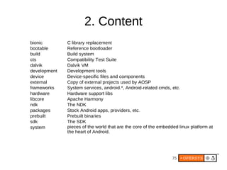 2. Content
bionic        C library replacement
bootable      Reference bootloader
build         Build system
cts           Compatibility Test Suite
dalvik        Dalvik VM
development   Development tools
device        Device-specific files and components
external      Copy of external projects used by AOSP
frameworks    System services, android.*, Android-related cmds, etc.
hardware      Hardware support libs
libcore       Apache Harmony
ndk           The NDK
packages      Stock Android apps, providers, etc.
prebuilt      Prebuilt binaries
sdk           The SDK
system        pieces of the world that are the core of the embedded linux platform at
              the heart of Android.




                                                                 75
 
