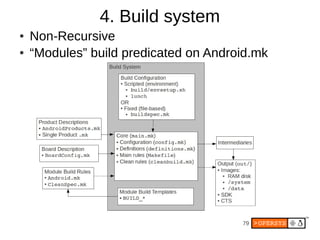 4. Build system
●   Non-Recursive
●   “Modules” build predicated on Android.mk




                                       79
 