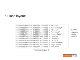 ●   Flash layout:

          0x000003860000­0x000003900000 : "misc"
          0x000003900000­0x000003e00000 : "recovery"
 ...