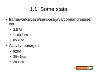 102
1.1. Some stats
● frameworks/base/services/java/com/android/ser
ver:
● 3.5 M
● ~100 files
● 85 kloc
● Activity manager:
● 920K
● 30+ files
● 20 kloc
 