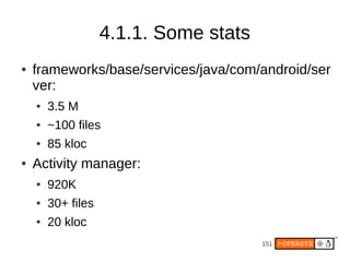 151
4.1.1. Some stats
● frameworks/base/services/java/com/android/ser
ver:
● 3.5 M
● ~100 files
● 85 kloc
● Activity manager:
● 920K
● 30+ files
● 20 kloc
 