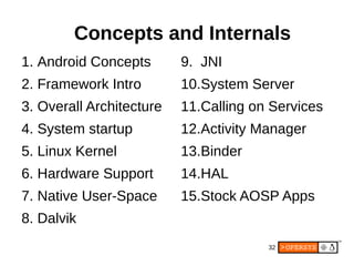 32
1. Android Concepts
2. Framework Intro
3. Overall Architecture
4. System startup
5. Linux Kernel
6. Hardware Support
7. Native User-Space
8. Dalvik
9. JNI
10.System Server
11.Calling on Services
12.Activity Manager
13.Binder
14.HAL
15.Stock AOSP Apps
Concepts and Internals
 