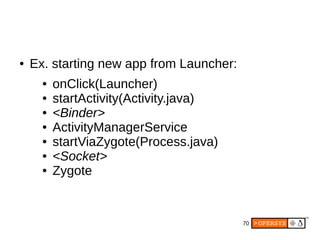 70
● Ex. starting new app from Launcher:
● onClick(Launcher)
● startActivity(Activity.java)
● <Binder>
● ActivityManagerService
● startViaZygote(Process.java)
● <Socket>
● Zygote
 