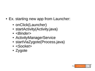 71
● Ex. starting new app from Launcher:
● onClick(Launcher)
● startActivity(Activity.java)
● <Binder>
● ActivityManagerService
● startViaZygote(Process.java)
● <Socket>
● Zygote
 