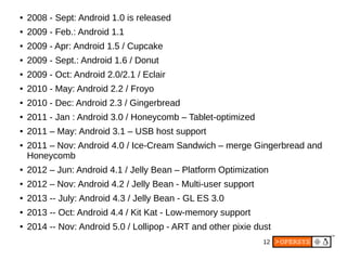 12
● 2008 - Sept: Android 1.0 is released
● 2009 - Feb.: Android 1.1
● 2009 - Apr: Android 1.5 / Cupcake
● 2009 - Sept.: Android 1.6 / Donut
● 2009 - Oct: Android 2.0/2.1 / Eclair
● 2010 - May: Android 2.2 / Froyo
● 2010 - Dec: Android 2.3 / Gingerbread
● 2011 - Jan : Android 3.0 / Honeycomb – Tablet-optimized
● 2011 – May: Android 3.1 – USB host support
● 2011 – Nov: Android 4.0 / Ice-Cream Sandwich – merge Gingerbread and
Honeycomb
● 2012 – Jun: Android 4.1 / Jelly Bean – Platform Optimization
● 2012 – Nov: Android 4.2 / Jelly Bean - Multi-user support
● 2013 -- July: Android 4.3 / Jelly Bean - GL ES 3.0
● 2013 -- Oct: Android 4.4 / Kit Kat - Low-memory support
● 2014 -- Nov: Android 5.0 / Lollipop - ART and other pixie dust
 