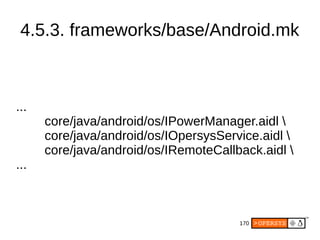 170
4.5.3. frameworks/base/Android.mk
...
core/java/android/os/IPowerManager.aidl 
core/java/android/os/IOpersysService.aidl 
core/java/android/os/IRemoteCallback.aidl 
...
 
