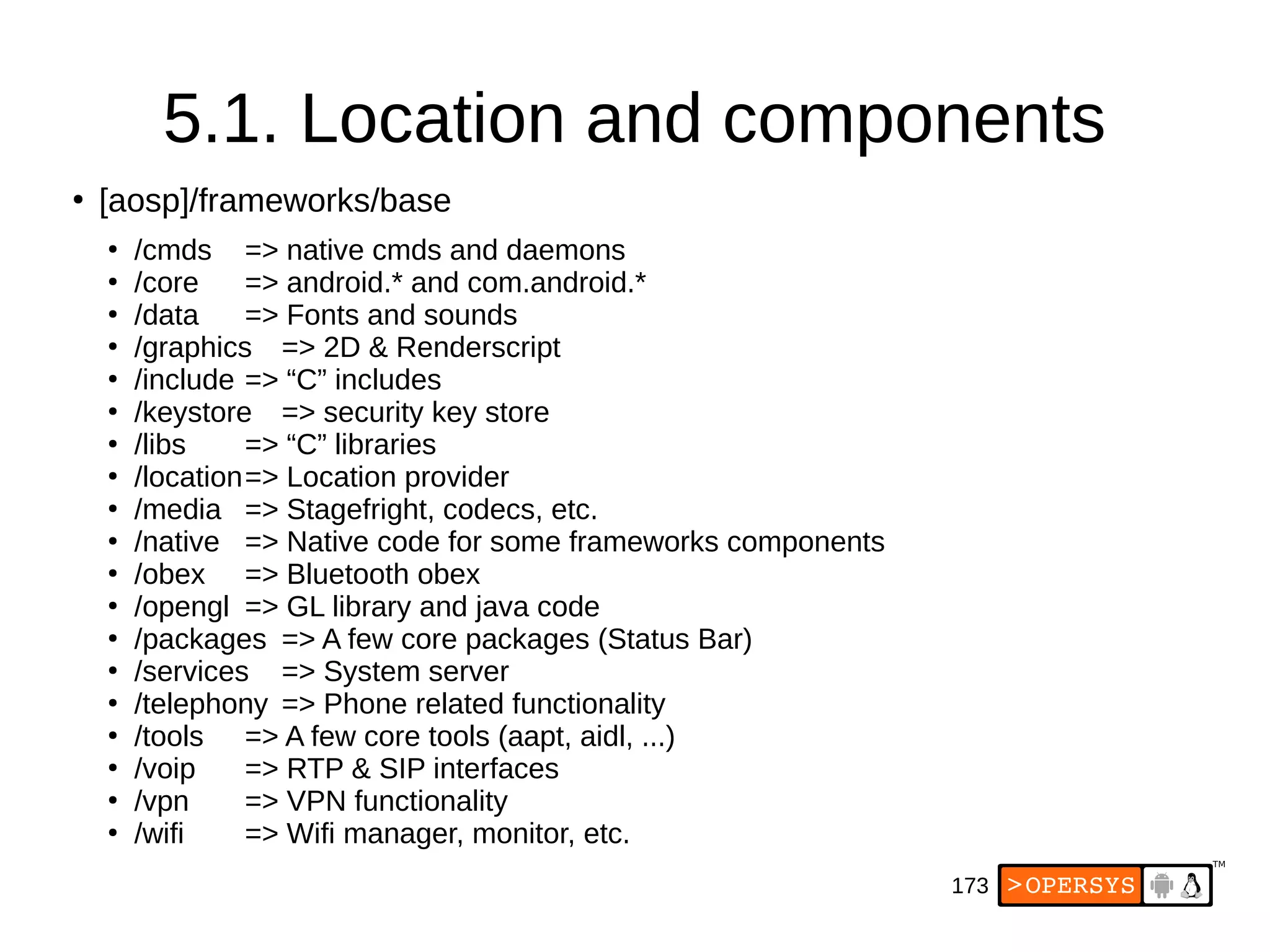 173
5.1. Location and components
●
[aosp]/frameworks/base
●
/cmds => native cmds and daemons
●
/core => android.* and com.android.*
●
/data => Fonts and sounds
●
/graphics => 2D & Renderscript
●
/include => “C” includes
●
/keystore => security key store
●
/libs => “C” libraries
●
/location=> Location provider
●
/media => Stagefright, codecs, etc.
●
/native => Native code for some frameworks components
●
/obex => Bluetooth obex
●
/opengl => GL library and java code
●
/packages => A few core packages (Status Bar)
●
/services => System server
●
/telephony => Phone related functionality
●
/tools => A few core tools (aapt, aidl, ...)
●
/voip => RTP & SIP interfaces
●
/vpn => VPN functionality
●
/wifi => Wifi manager, monitor, etc.
 