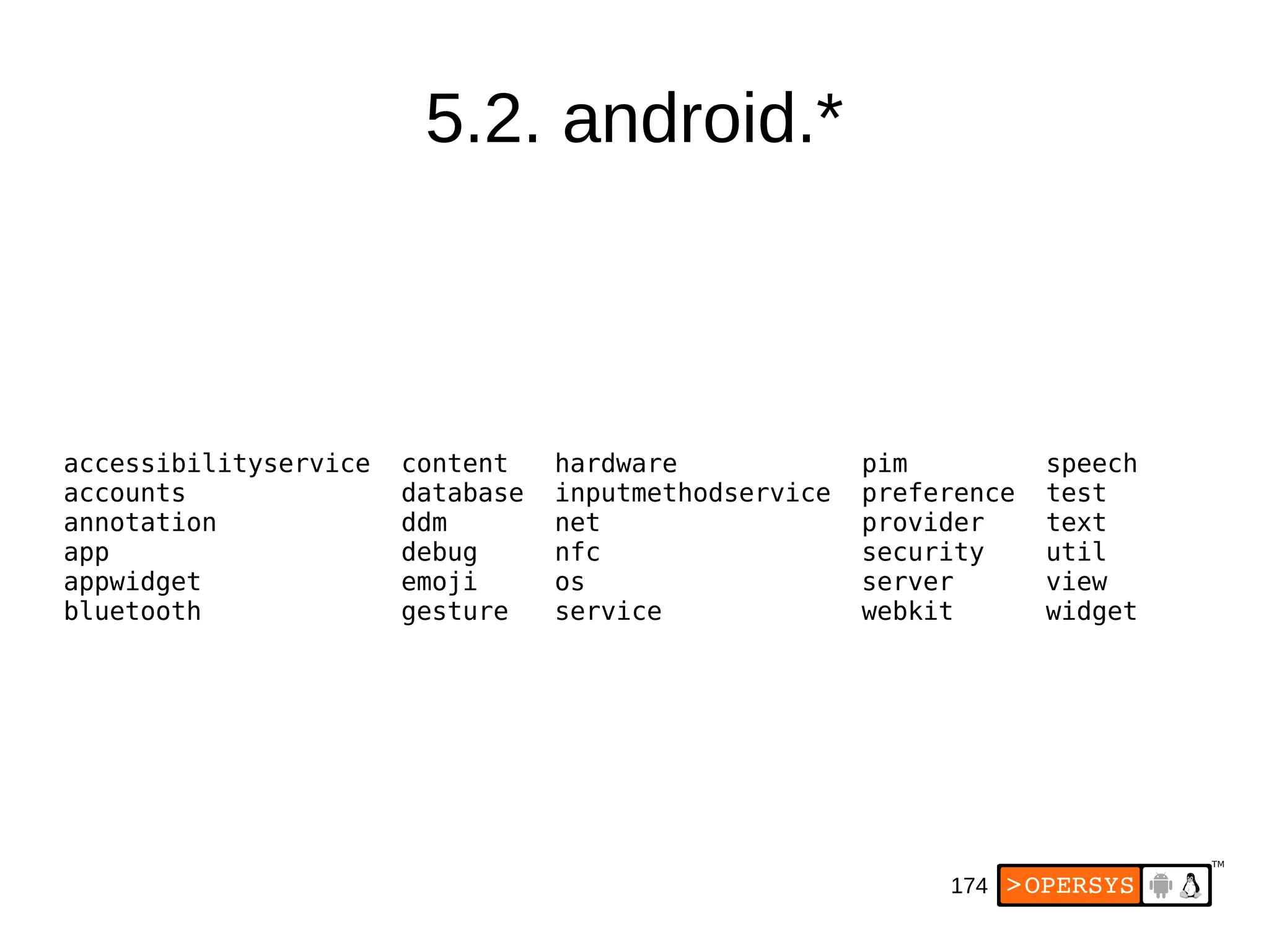 174
5.2. android.*
accessibilityservice content hardware pim speech
accounts database inputmethodservice preference test
annotation ddm net provider text
app debug nfc security util
appwidget emoji os server view
bluetooth gesture service webkit widget
 