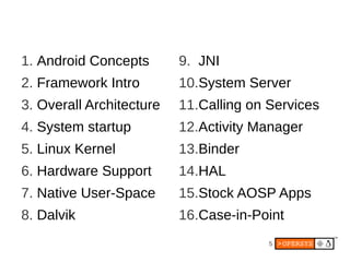 1. Android Concepts       9. JNI
2. Framework Intro        10.System Server
3. Overall Architecture   11.Calling on Services
4. System startup         12.Activity Manager
5. Linux Kernel           13.Binder
6. Hardware Support       14.HAL
7. Native User-Space      15.Stock AOSP Apps
8. Dalvik                 16.Case-in-Point
                                        5
 