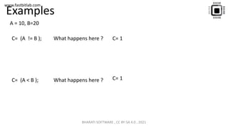 www.fastbitlab.com
Examples
A = 10, B=20
C= (A != B ); What happens here ?
C= (A < B ); What happens here ?
C= 1
C= 1
BHARATI SOFTWARE , CC BY-SA 4.0 , 2021
 