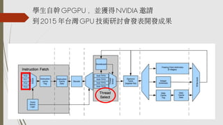 學生自幹GPGPU ，並獲得NVIDIA 邀請
到2015 年台灣GPU 技術研討會發表開發成果
 