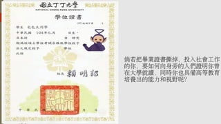 倘若把畢業證書撕掉，投入社會工作
的你，要如何向身旁的人們證明你曾
在大學就讀，同時你也具備高等教育
培養出的能力和視野呢？
 