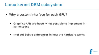 10/27
Linux kernel DRM subsystem

Why a custom interface for each GPU?

Graphics APIs are huge → not possible to impleme...