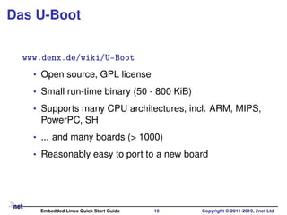 Das U-Boot
www.denx.de/wiki/U-Boot
• Open source, GPL license
• Small run-time binary (50 - 800 KiB)
• Supports many CPU architectures, incl. ARM, MIPS,
PowerPC, SH
• ... and many boards (> 1000)
• Reasonably easy to port to a new board
Embedded Linux Quick Start Guide 19 Copyright © 2011-2019, 2net Ltd
 