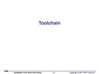 Toolchain
Embedded Linux Quick Start Guide 57 Copyright © 2011-2019, 2net Ltd
 