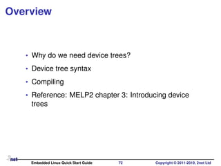 Overview
• Why do we need device trees?
• Device tree syntax
• Compiling
• Reference: MELP2 chapter 3: Introducing device
trees
Embedded Linux Quick Start Guide 72 Copyright © 2011-2019, 2net Ltd
 
