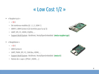 4
« Low Cost 1/2 »
●
« Raspberry-pi »
– < 30 €
– De nombreux modèles (0, 1, 2, 3, SOM ! )
– ARM11, ARM Cortex-A (32 & 64 bits pour la rpi 3)
– UART, SPI, I2C, HDMI, CSI/DSI, …
– Support Build System : Buildroot, Yocto/OpenEmbedded  (meta-raspberrypi)
●
« Beaglebone »
– < 45 €
– ARM Cortex-A
– UART, PWM, SPI, I2C, CAN Bus, HDMI, …
– Support Build System : Buildroot, Yocto/OpenEmbedded  (meta-ti)
– Notion de « cape » (FPGA !, HDMI, ...)
 