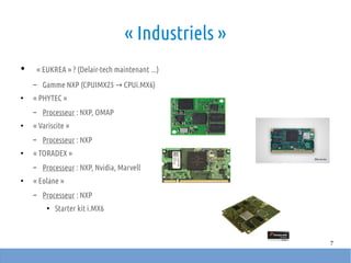 7
« Industriels »
● « EUKREA » ? (Delair-tech maintenant ...)
– Gamme NXP (CPUIMX25 CPUi.MX6)→
●
« PHYTEC »
– Processeur : NXP, OMAP
●
« Variscite »
– Processeur : NXP
●
« TORADEX »
– Processeur : NXP, Nvidia, Marvell
●
« Eolane »
– Processeur : NXP
●
Starter kit i.MX6
 