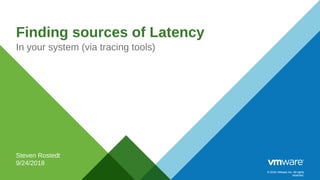 © 2016 VMware Inc. All rights
reserved.
© 2016 VMware Inc. All rights
reserved.
Finding sources of Latency
In your system (via tracing tools)
Steven Rostedt
9/24/2018
 